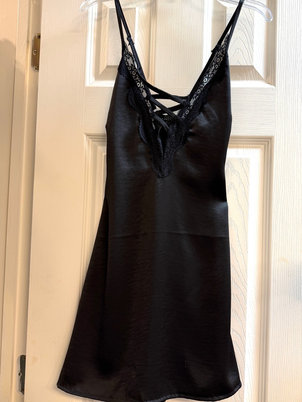 NWT CURRENT MOOD Black Satin Lace-Trim Mini Slip Dress